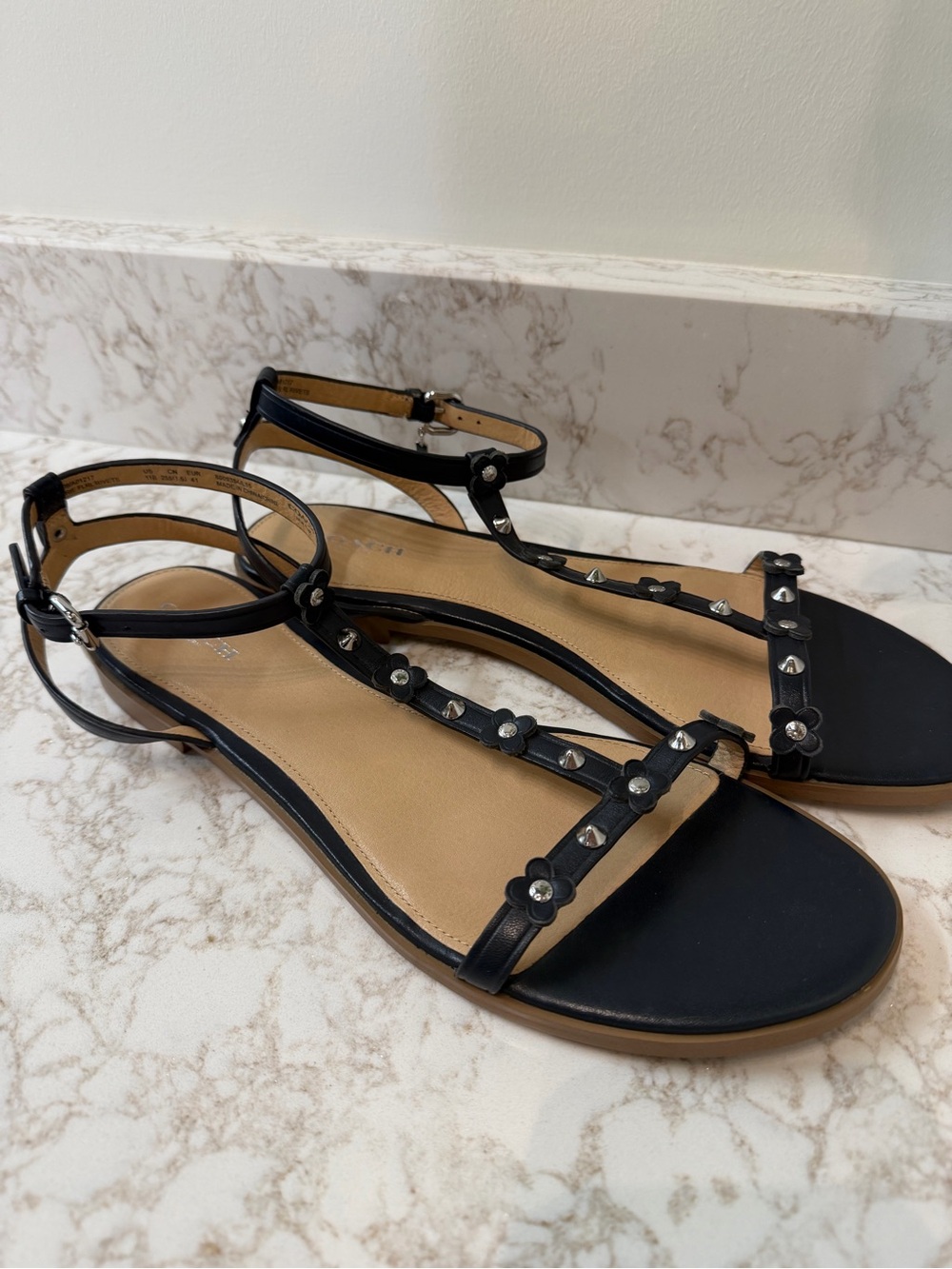 Coach Henriette Black Floral Stud and T-Strap Sandals
